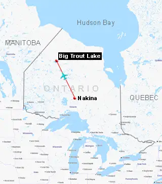 Map showing the route from Armstrong to Big Trout Lake